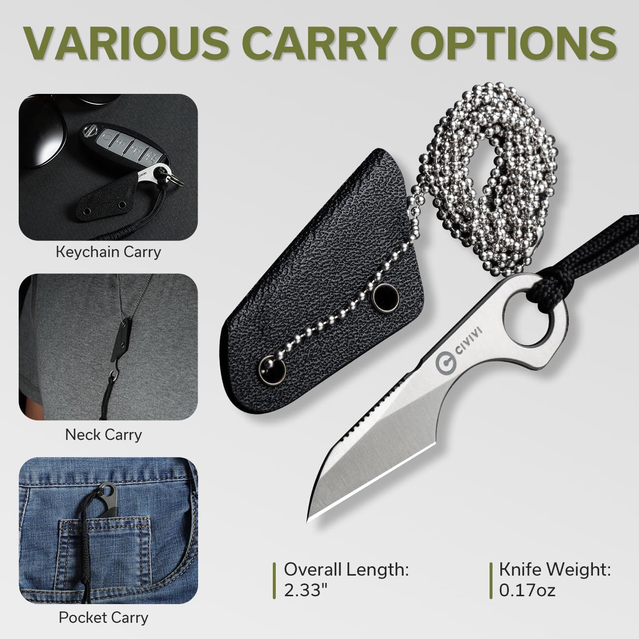CIVIVI Gramis Mini Fixed Blade Neck Knife for EDC, Swedish 14C28N Steel