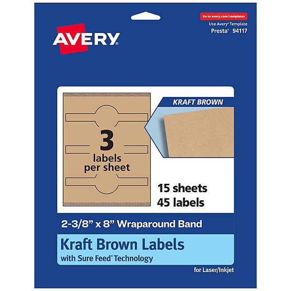 AVERY Kraft Brown Wraparound Band Labels, Sure Feed Technology, 2-3/8" x 8"