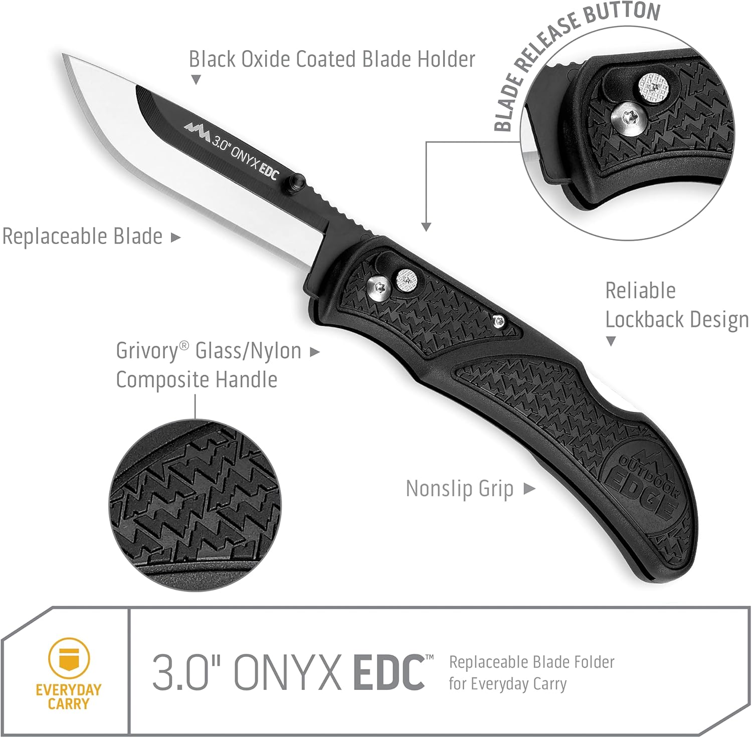 OUTDOOR EDGE Onyx EDC Folding Pocket Knife — Replaceable Blade System, Lockback and Pocket Clip