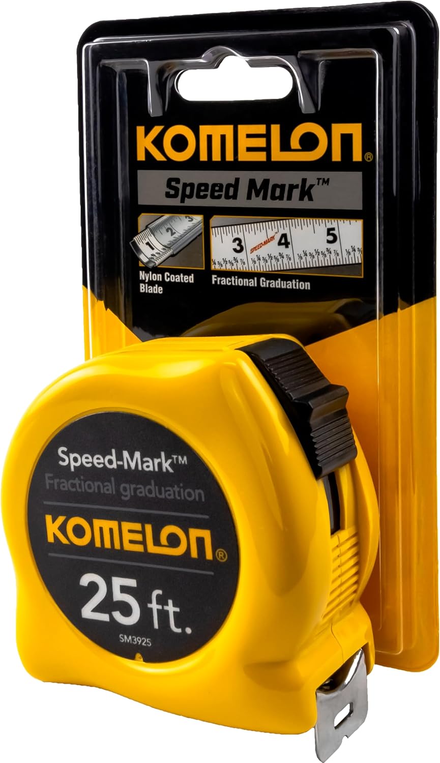 Komelon SM3925 Speed Mark Acrylic Coated Steel Blade Tape Measure 25-Foot by 1-Inch Yellow Case