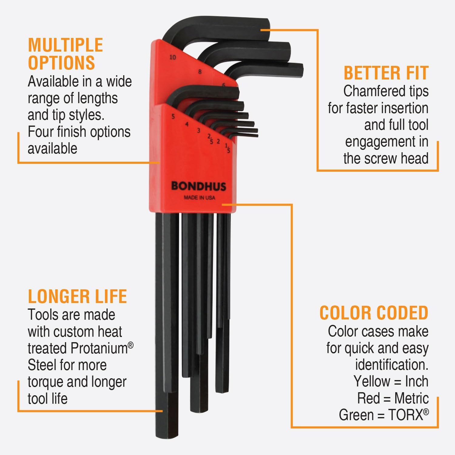 Bondhus 12199 Set of 9 Hex L-wrenches, Long Length, sizes 1.5-10mm