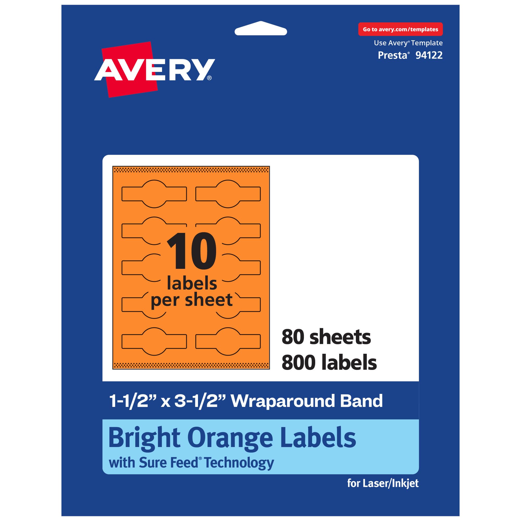 AVERY Printable Wraparound Band Labels, Sure Feed Technology, 1.5" x 3.5", Bright Orange, Cigar Band, Print-to-the-Edge