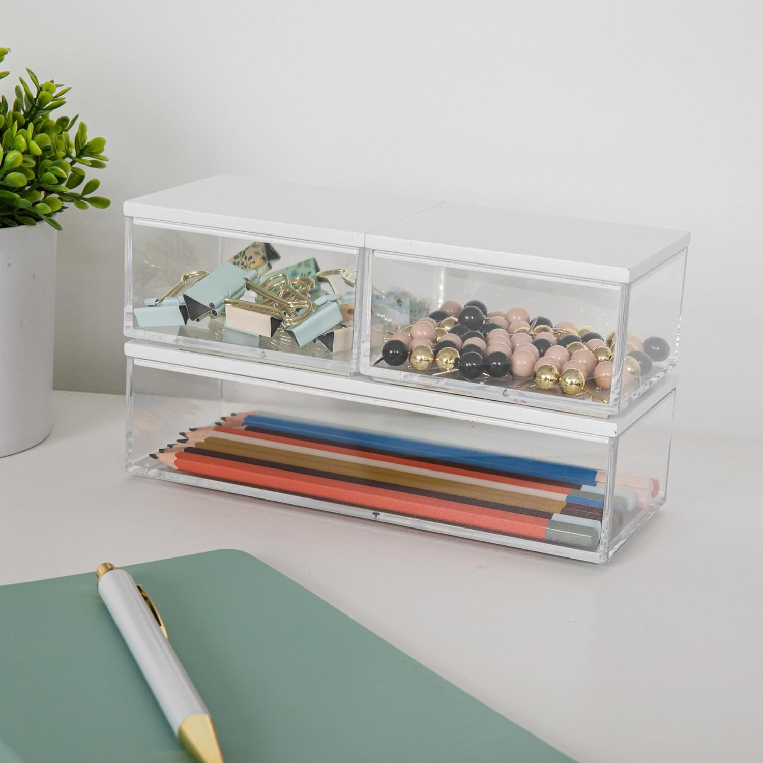 MARTHA STEWART Brody Plastic Storage Organizer Bins with Wood Lids