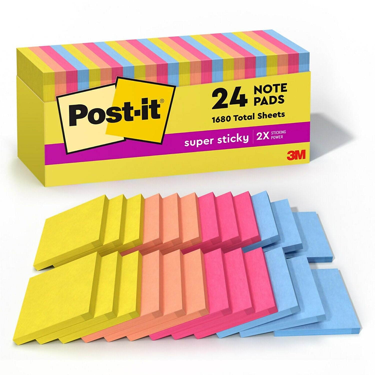 Post-it Super Sticky Notes, 3-inch x 3-inch, Summer Joy Collection, 70 Sheet/Pad, 24 Pads/Pack (654-24SSJOY-CP)