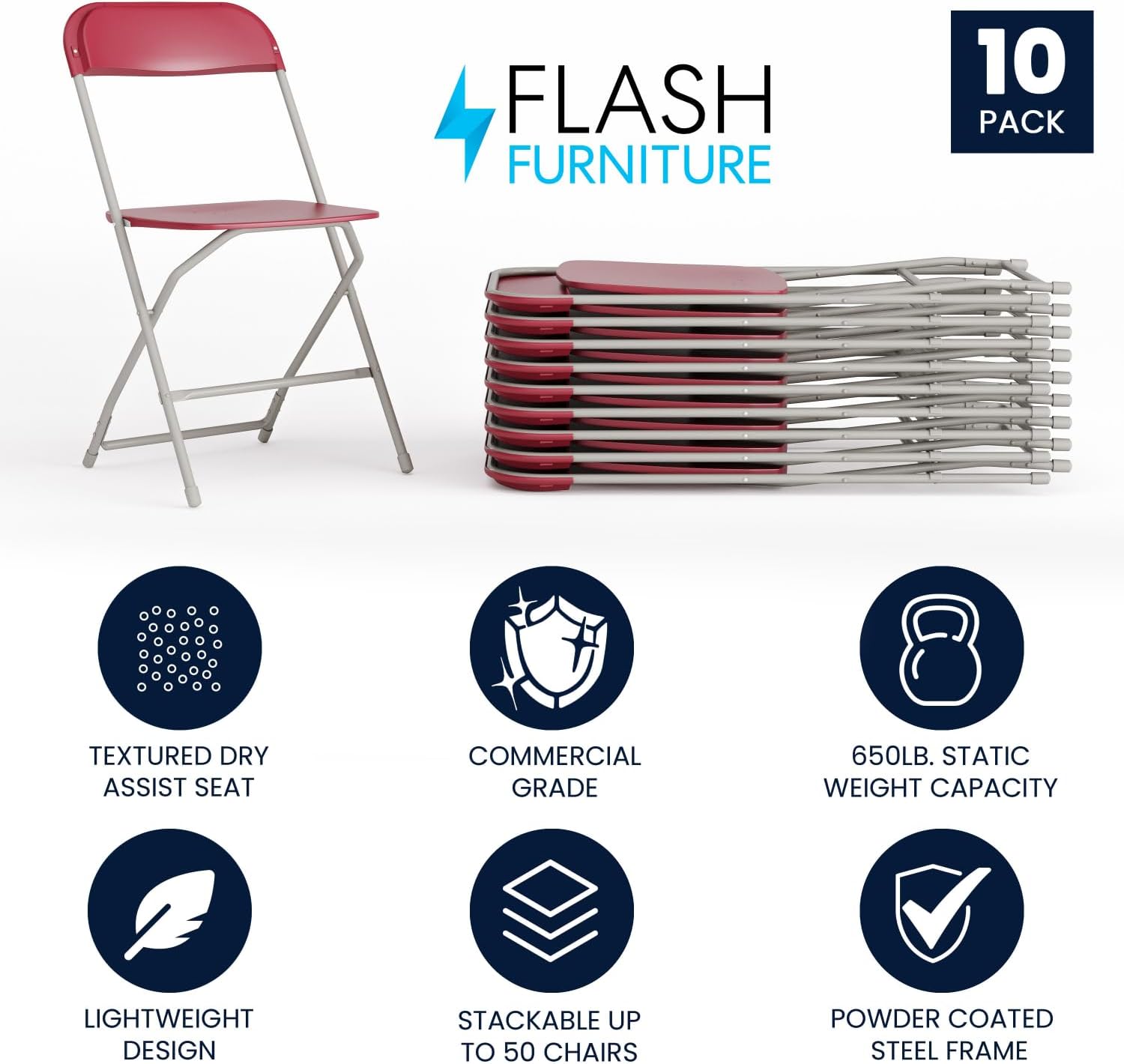 Flash Furniture Hercules Series Commercial-Grade Plastic Folding Chair - 650LB Weight Capacity