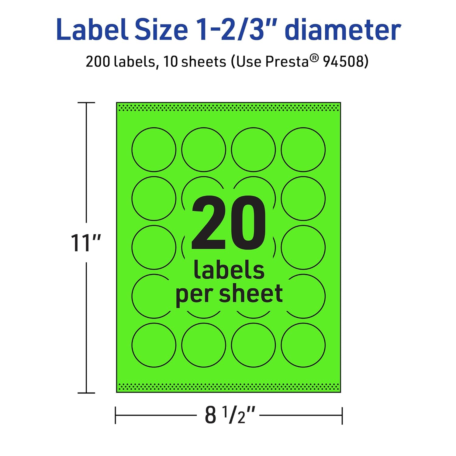 Avery Printable Round Labels, Sure Feed Technology, 1-2/3" Diameter, Neon Green Labels, Print-to-The-Edge
