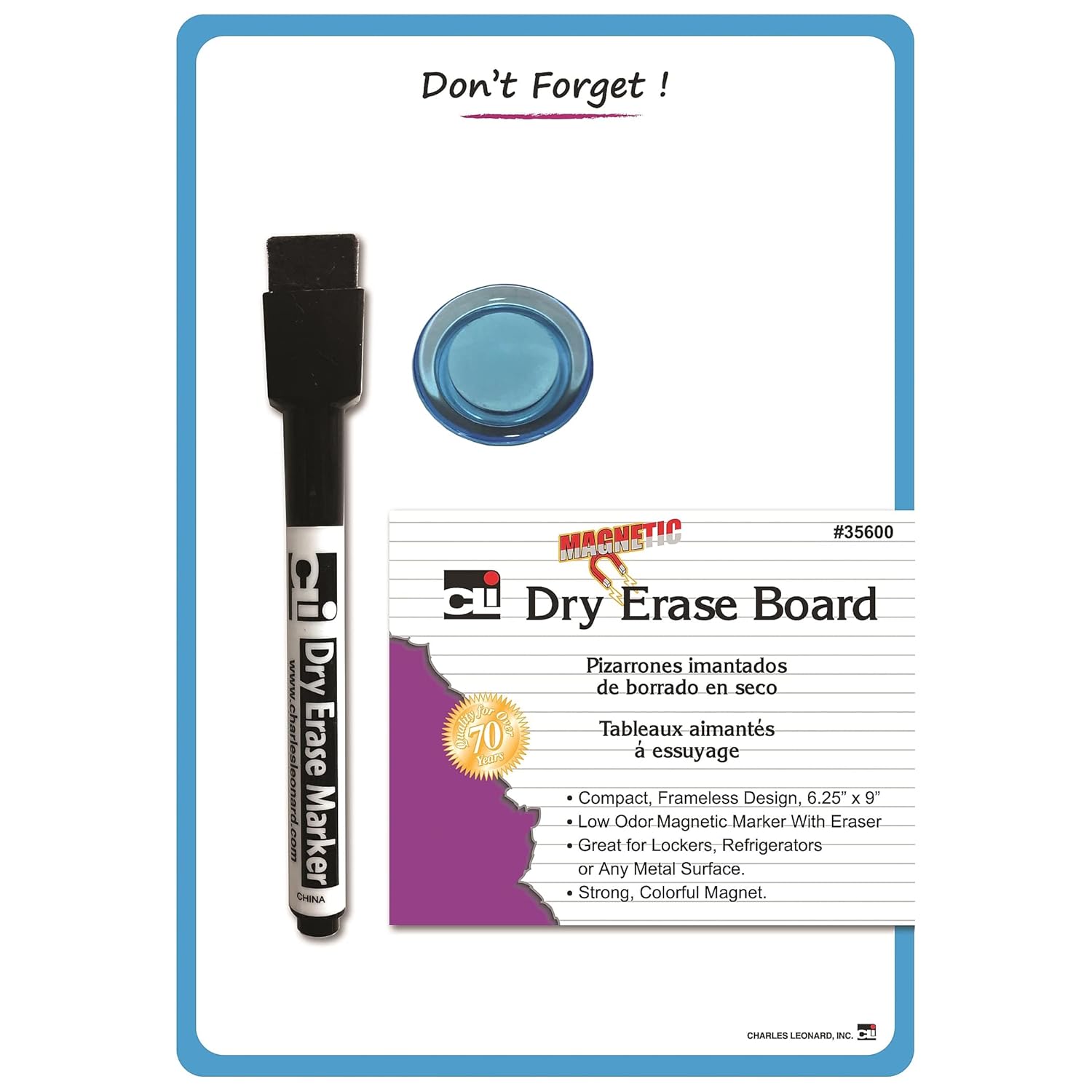 Charles Leonard Magnetic Mini Dry Erase Boards, 6-1/4" x 9", Marker w/Eraser and 1 Magnet, Blue Frame, Pack of 12
