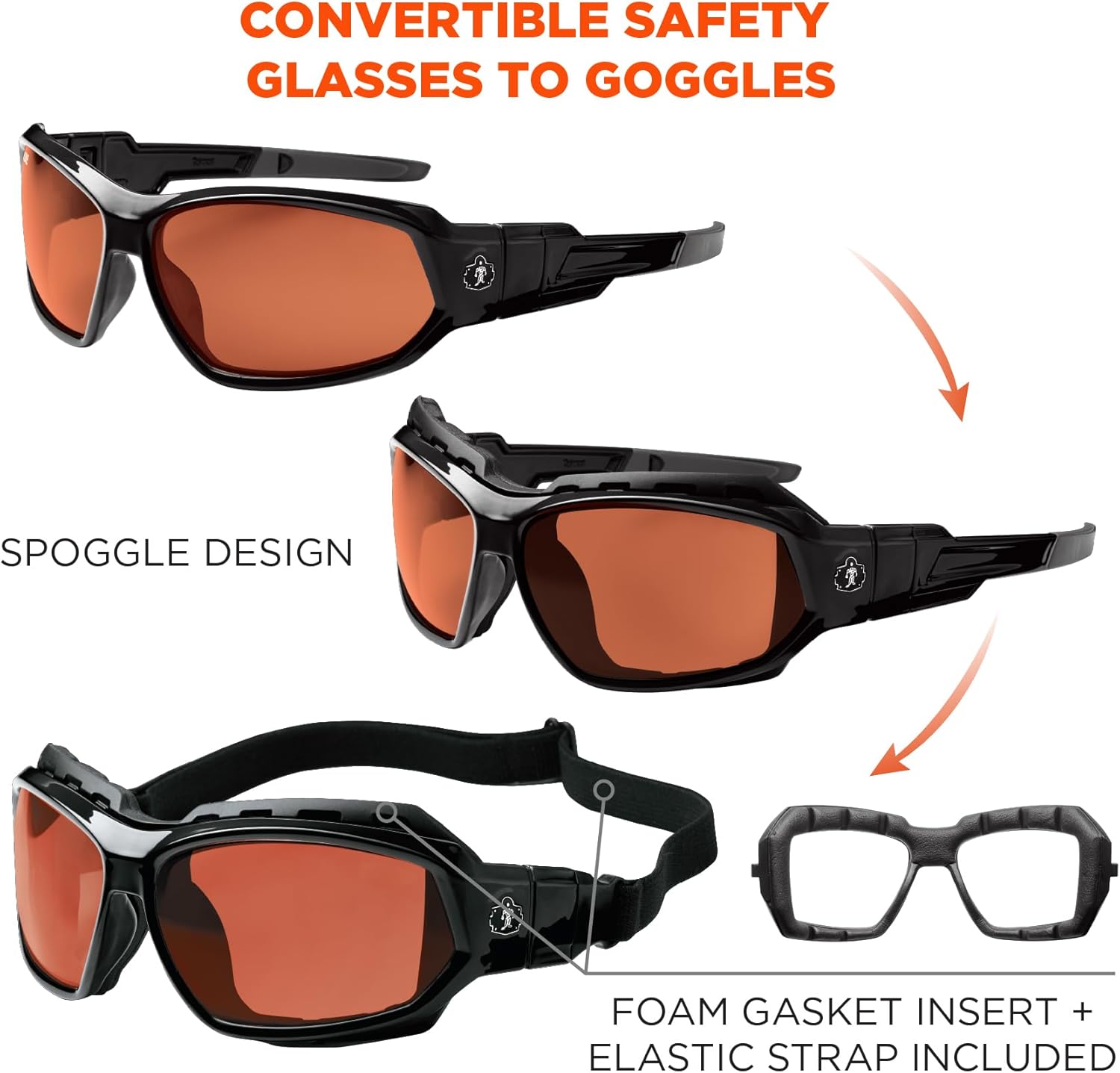 Ergodyne Skullerz LOKI Convertible Polarized Safety Spoggles- Includes Foam Gasket and Strap to Convert to Goggle Polarized
