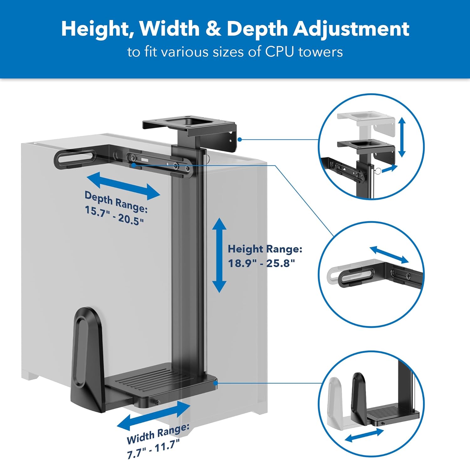Mount-It! CPU Under Desk Mount Bracket, Height Adjustable Heavy Duty Computer Tower Wall Mount, 44 lbs Weight Capacity
