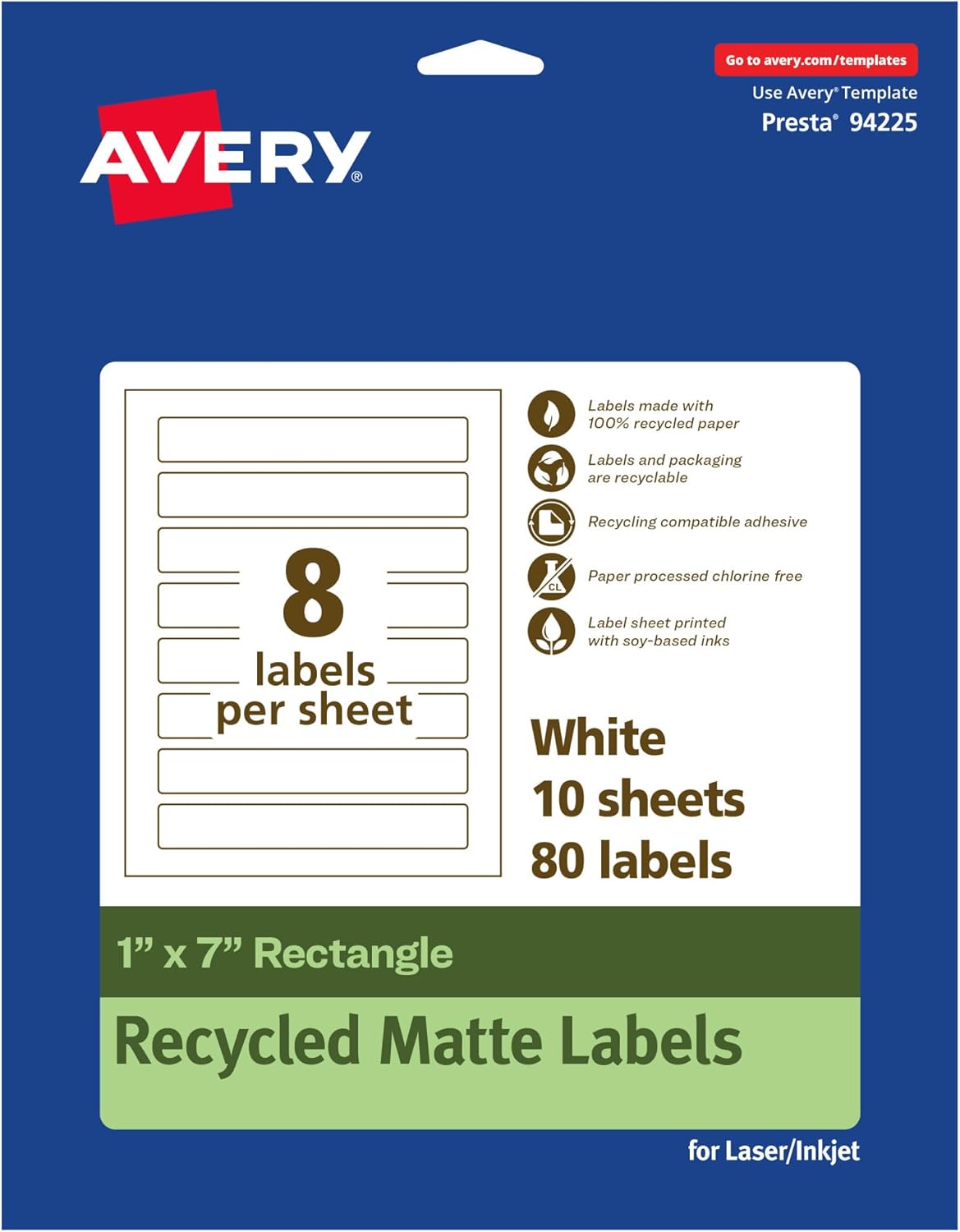 Avery EcoFriendly Matte White Recycled Rectangle Labels, 1" x 7", Print-to-The-Edge, Matte White Labels, Permanent Adhesive