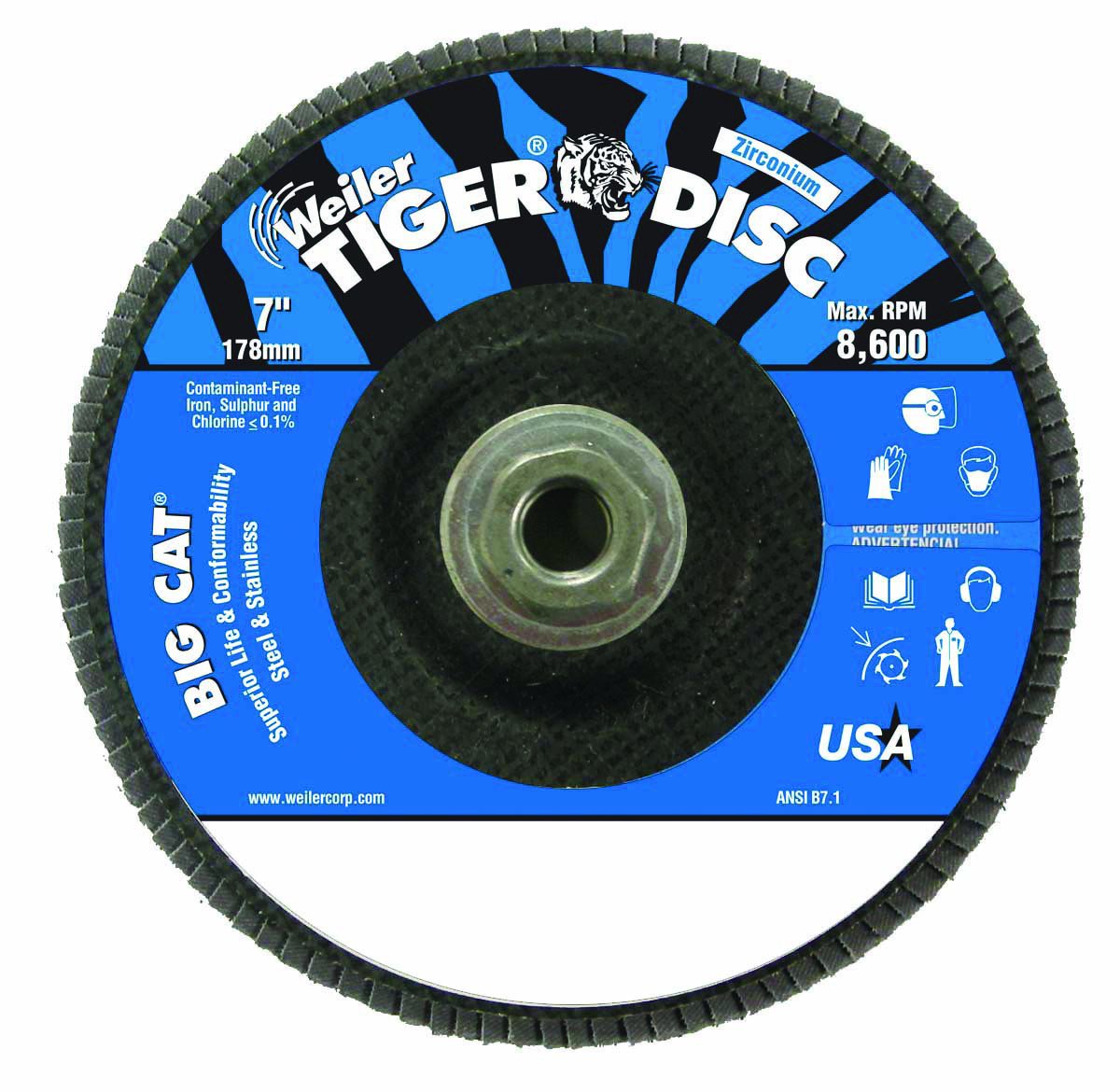 Weiler 804-50844 Big Cat High Density Type 27 Flat Flap Disc, Zirconia Alumina, 7", 60 Grit, 5/8"-11" UNC, 8600 rpm
