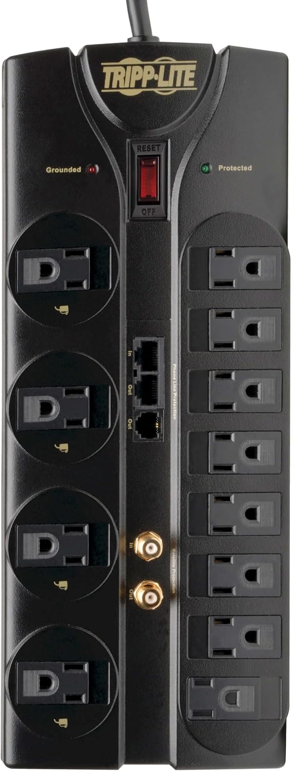 TRIPP LITE 12-Outlet Surge Protector Power Strip with Tel/Modem Protection, 8 ft Right-Angle Cord