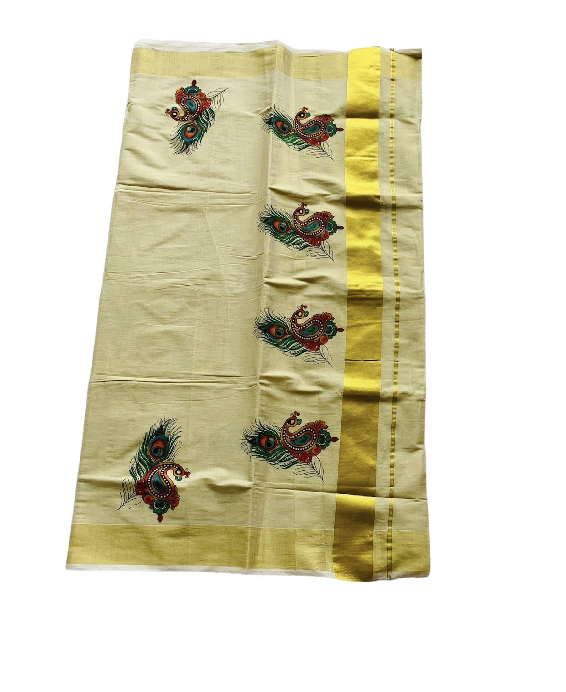 Women's Kuthampully Kerala Kasavu Saree Tissue Mural Painted | Traditional South Indian Saree | Kerala Saree - Multi Color EKM-637