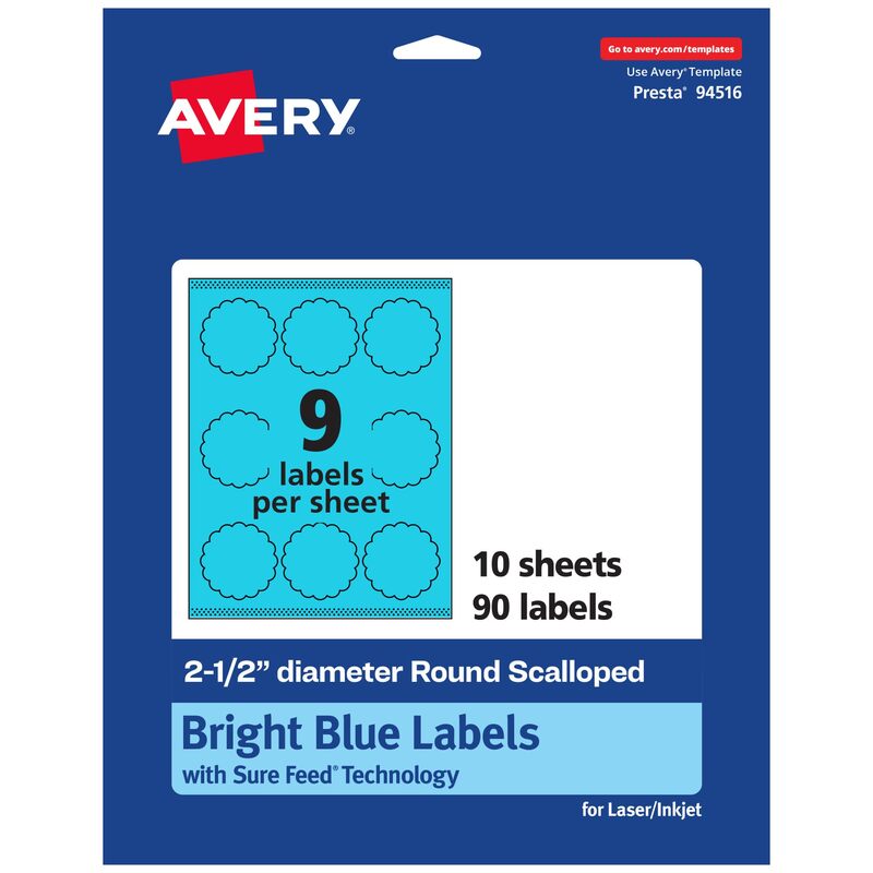 Avery Printable Round Scalloped Labels, Sure Feed Technology, 2.5" Diameter, Bright Blue Labels, Print-to-The-Edge, Laser/Inkjet Printable, 90 Total, Great for Mailing Seals and Candles 90 labels