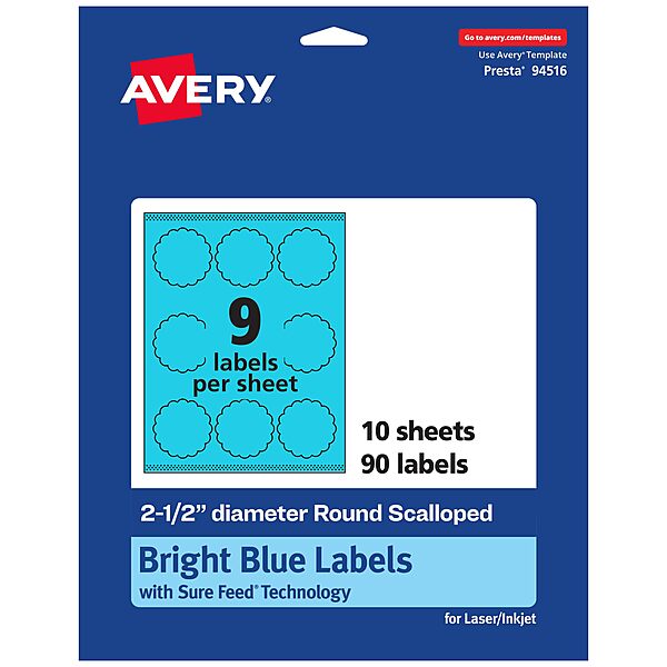 Avery Printable Round Scalloped Labels, Sure Feed Technology, 2.5" Diameter, Bright Blue Labels, Print-to-The-Edge, Laser/Inkjet Printable, 90 Total, Great for Mailing Seals and Candles 90 labels