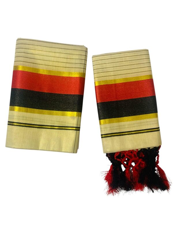 Women's Kuthampully Kerala Kasavu Set mundu Tissue with Kunjam | Kerala Tissue set mundu latest collections | Kuthampully Stripe Kasavu set mundu - Multi Color KTM-902 (Black)