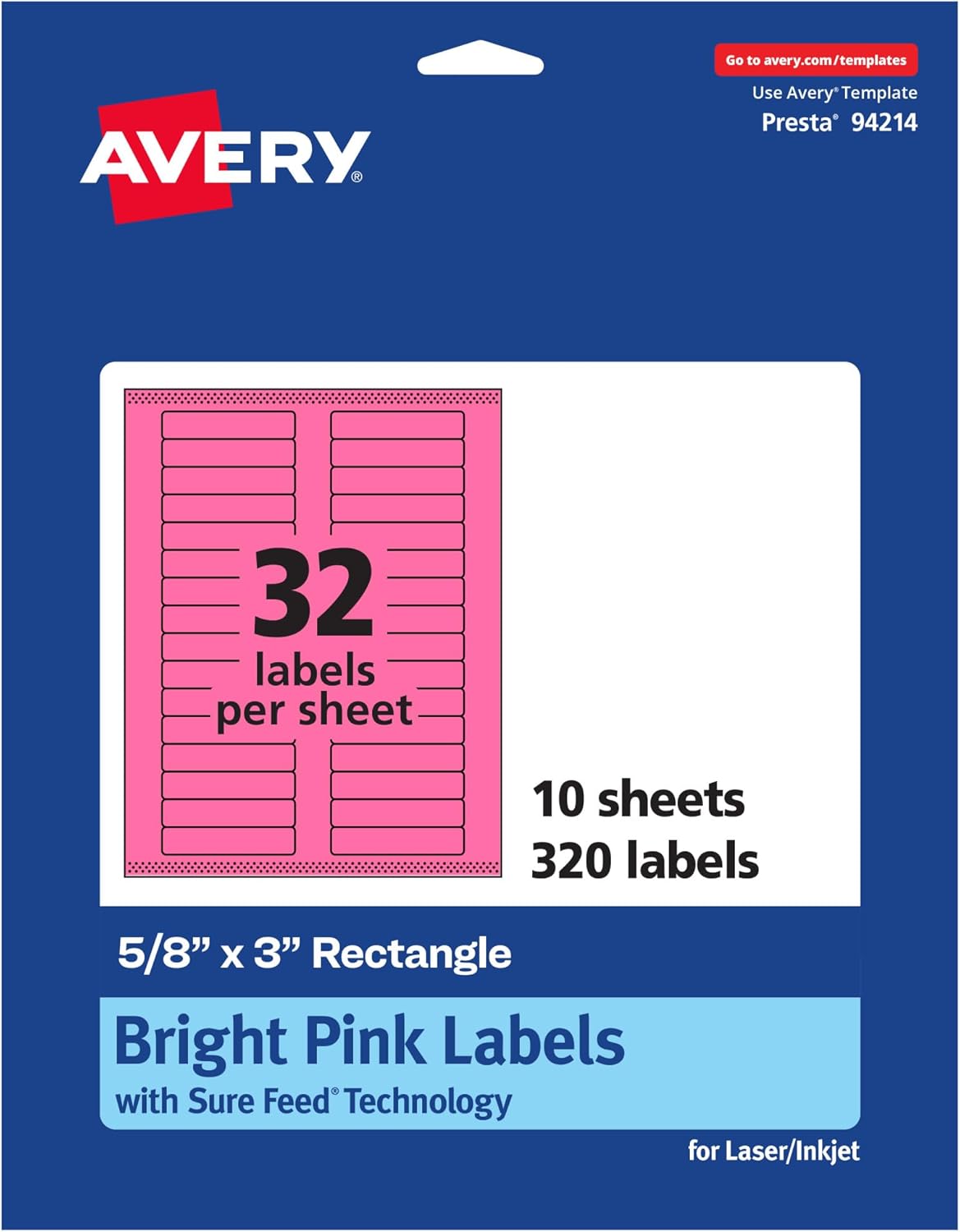 Avery Printable Rectangle Labels, Sure Feed Technology, 5/8" x 3", Bright Pink, Laser/Inkjet Printable