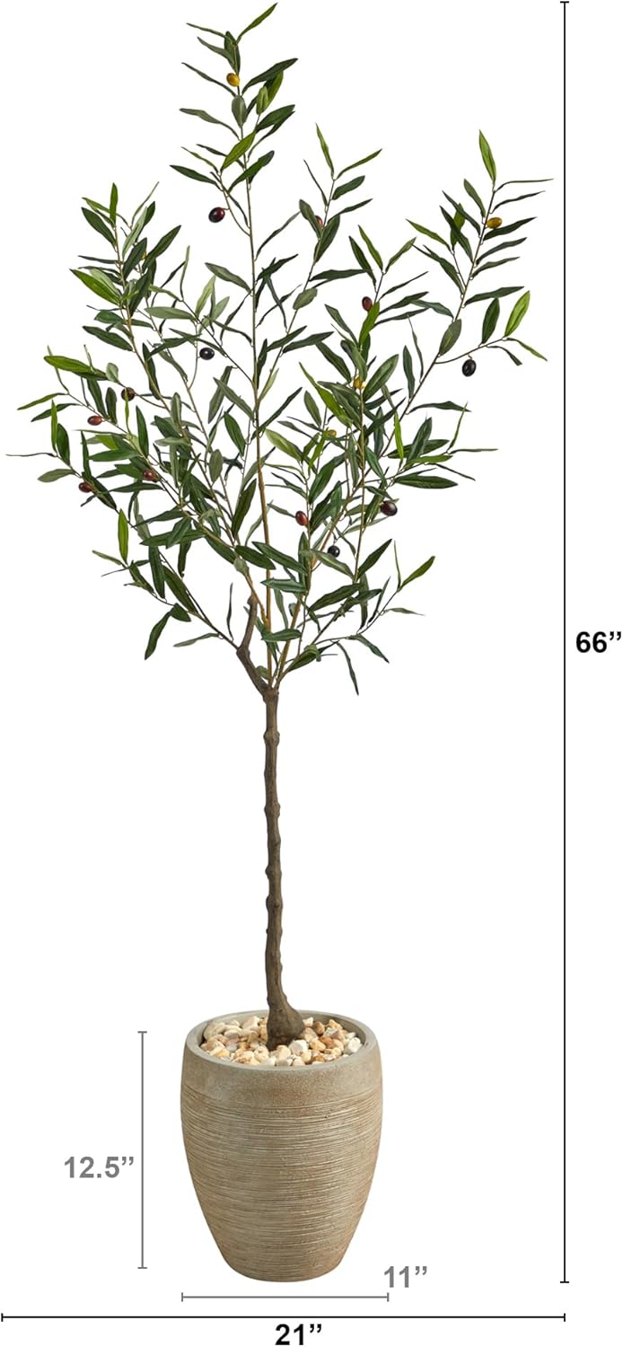 Nearly Natural Olive Tree 66inH Artificial Plant With Planter, 66inH x 21inW x 21inD, Green/Beige