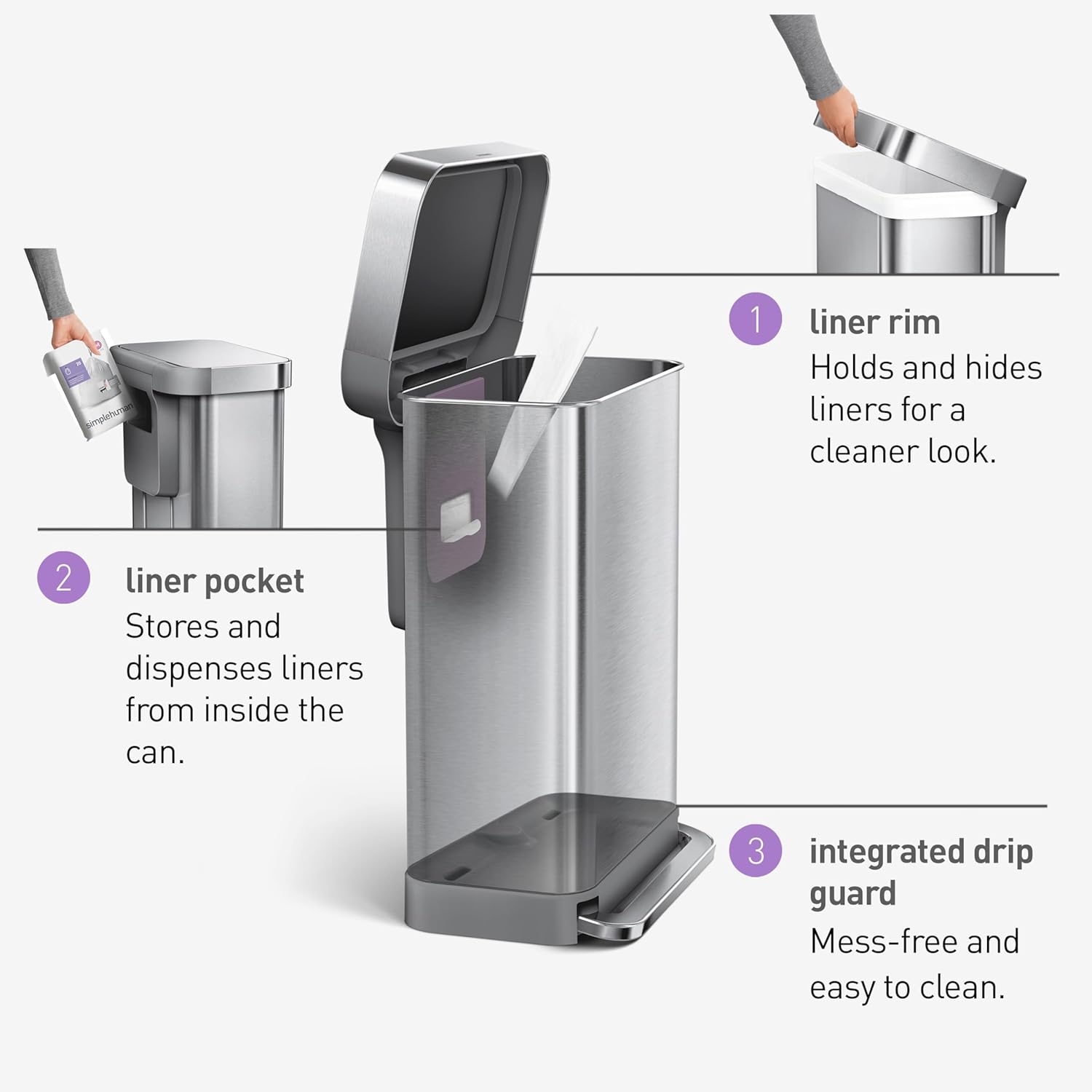 simplehuman 45 Liter / 12 Gallon Liter Rectangular Hands-Free Kitchen Step Trash Can with Soft-Close Lid, Brushed Stainless Steel with Plastic Lid Gray Plastic Lid 45 Liter