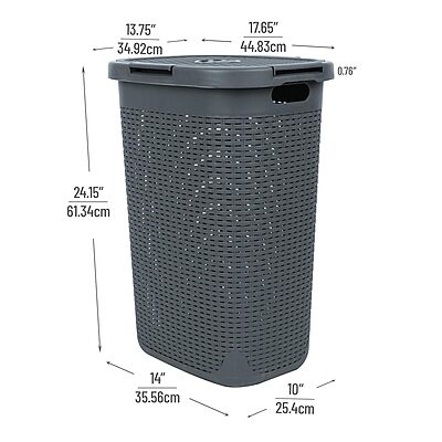 MIND READER Slim Laundry Hamper with Lid, 60L Wicker-Style Plastic