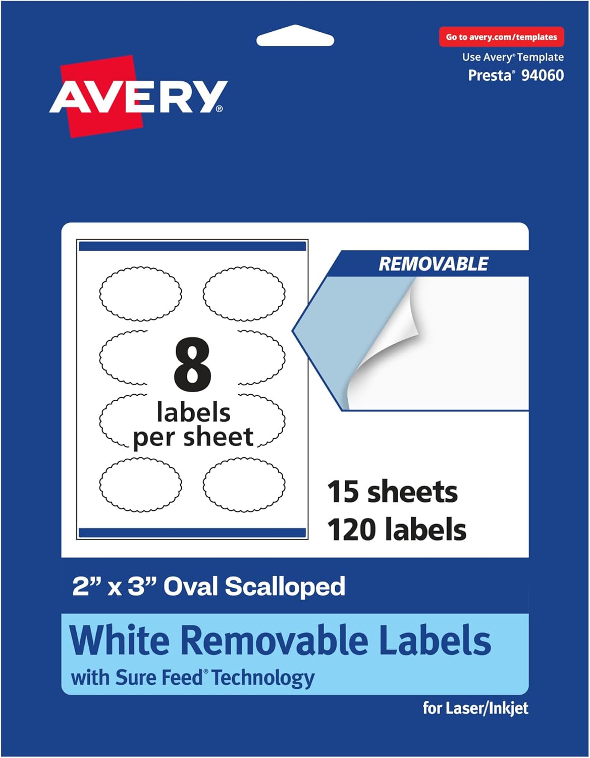 AVERY Matte White Removable Oval Scalloped Labels, Sure Feed Technology, Print-to-The-Edge, 2" x 3"