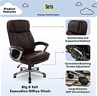 Serta Big and Tall High Back Executive Office Chair, Ergonomic Gaming Computer Chair with Layered Body Pillows, Contoured Lumbar Zone, Brown Old Chestnut
