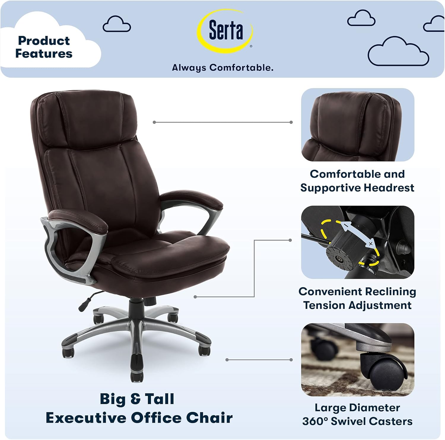 Serta Big and Tall High Back Executive Office Chair, Ergonomic Gaming Computer Chair with Layered Body Pillows