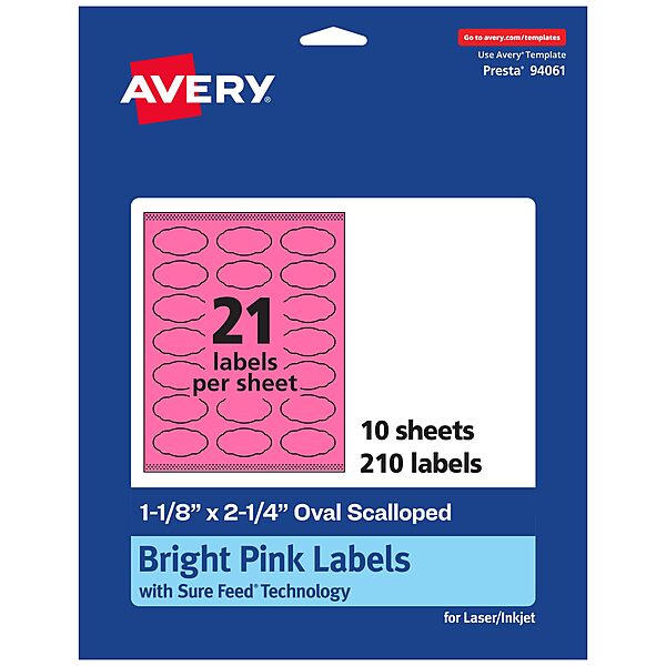Avery Printable Oval Scalloped Labels, Sure Feed Technology, 1-1/8" x 2-1/4", Bright Pink, Print-to-the-Edge