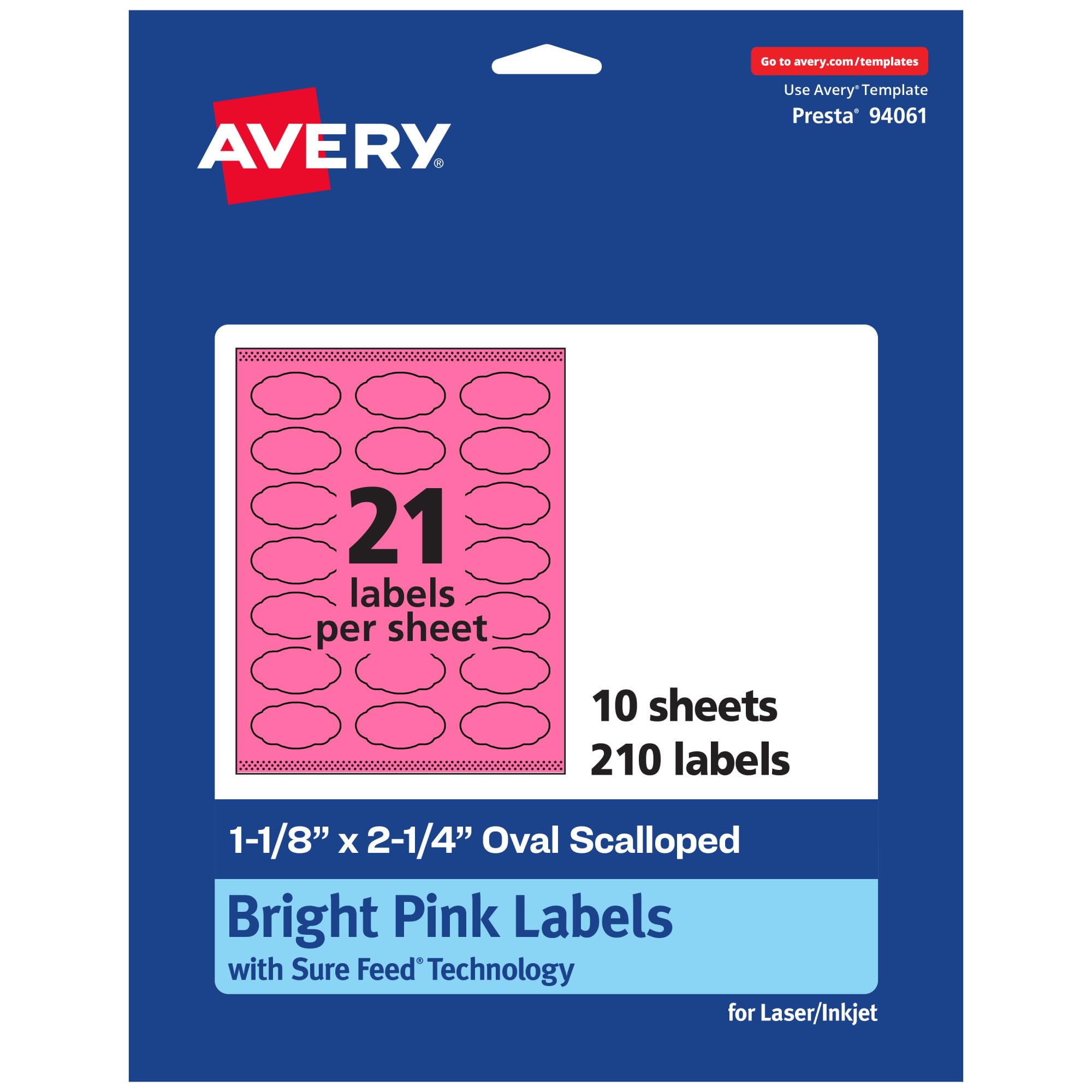 Avery Printable Oval Scalloped Labels, Sure Feed Technology, 1-1/8" x 2-1/4", Bright Pink, Print-to-the-Edge