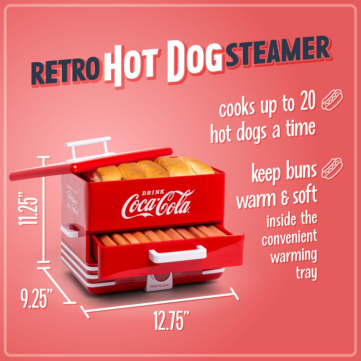 NOSTALGIA Extra Large Diner-Style Hot Dog Steamer & Bun Warmer