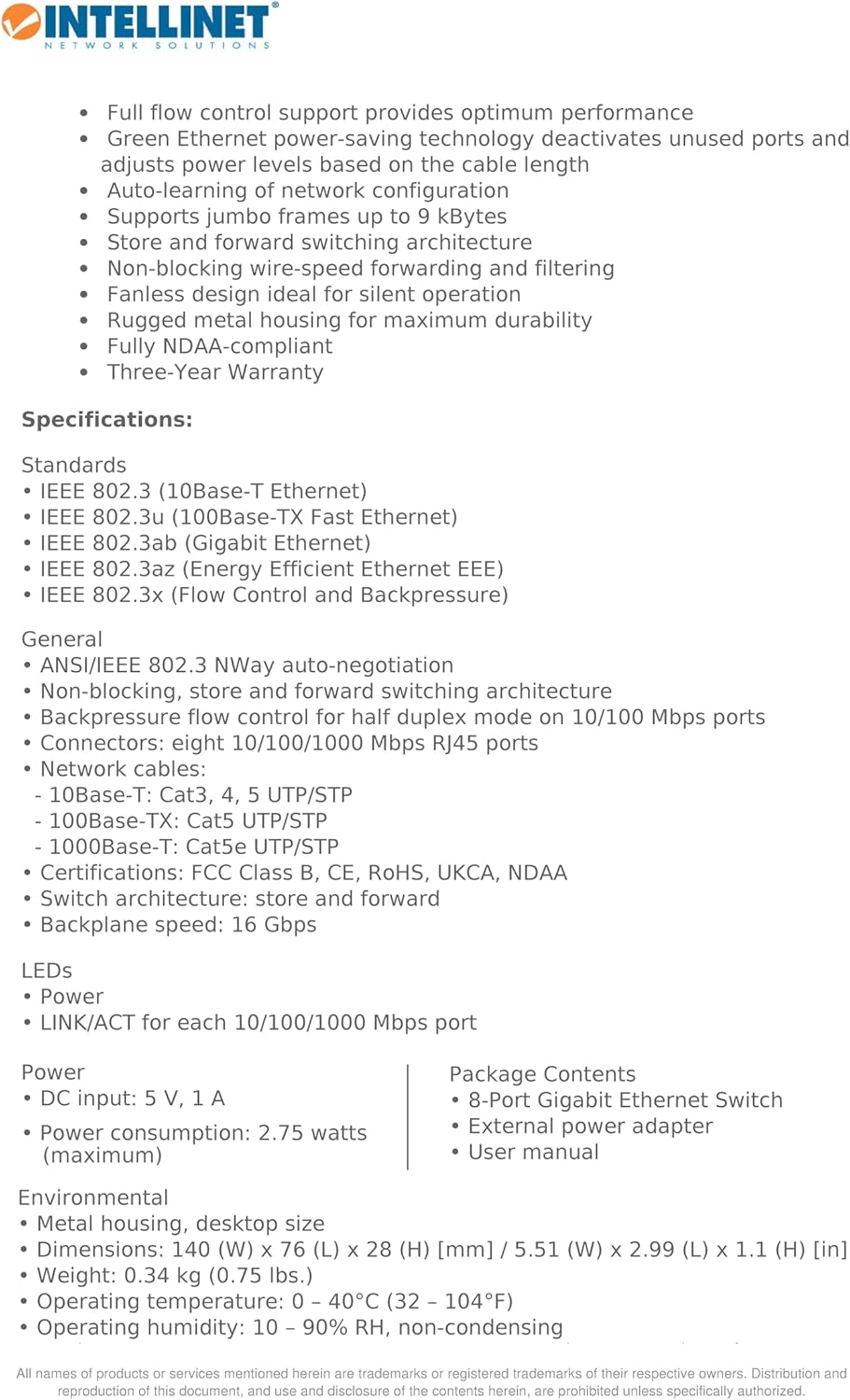 Intellinet 8-Port Gigabit Ethernet Network Switch - Ethernet Splitter - Unmanaged | Plug & Plug | Fanless Metal Housing