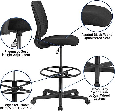 Flash Furniture Harper Ergonomic Mid-Back Mesh Drafting Chair with Black Fabric Seat and Adjustable Foot Ring