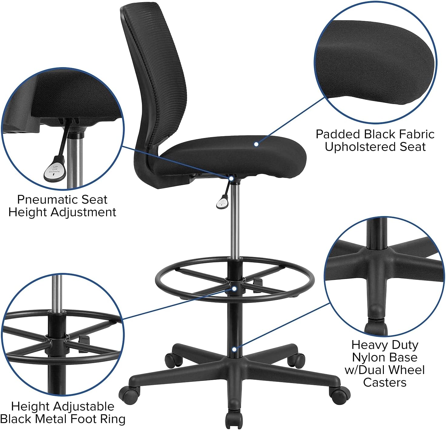 Flash Furniture Harper Ergonomic Mid-Back Mesh Drafting Chair with Black Fabric Seat and Adjustable Foot Ring