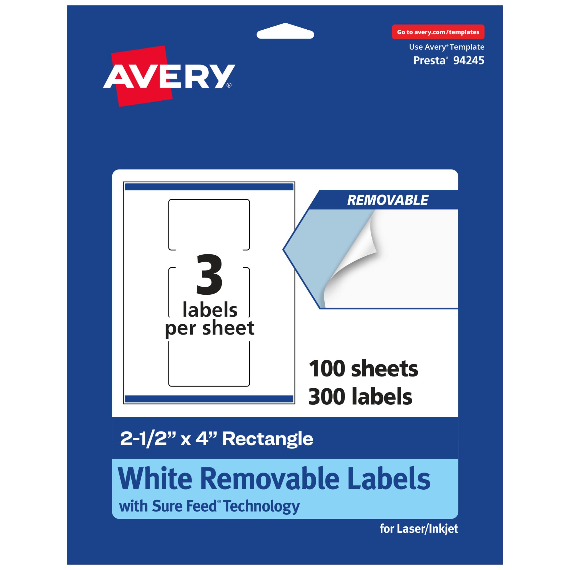 AVERY Matte White Removable Rectangle Labels, Sure Feed Technology, Print-to-The-Edge, 2.5 x 4