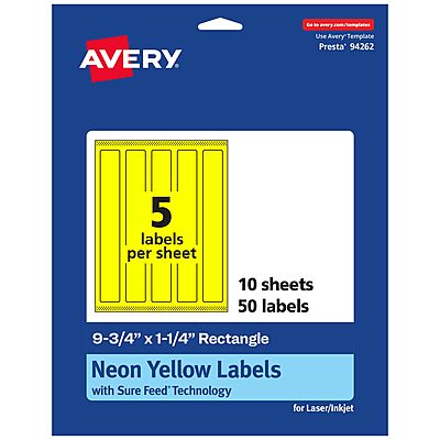 Avery Printable Rectangle Labels, Sure Feed Technology, 9-3/4" x 1-1/4", Neon Yellow, Laser/Inkjet Compatible