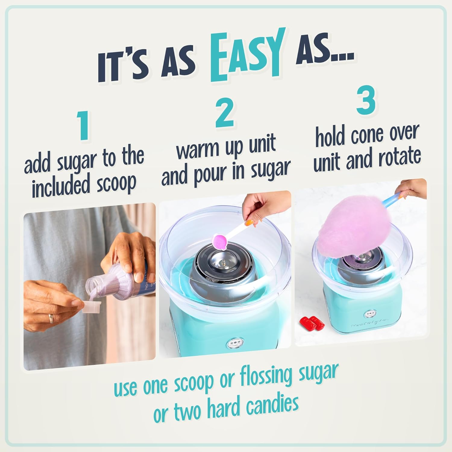 Nostalgia Classic Countertop Cotton Candy Machine, Manual, Retro Vintage Candy Maker Includes 2 Reusable Cones & Scoop