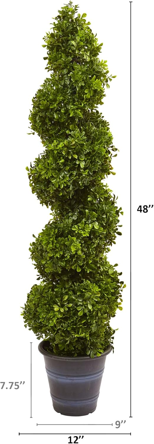 Nearly Natural Boxwood Spiral Topiary 48inH Plastic Indoor/Outdoor Tree With Planter, 48inH x 12inW x 10inD, Green