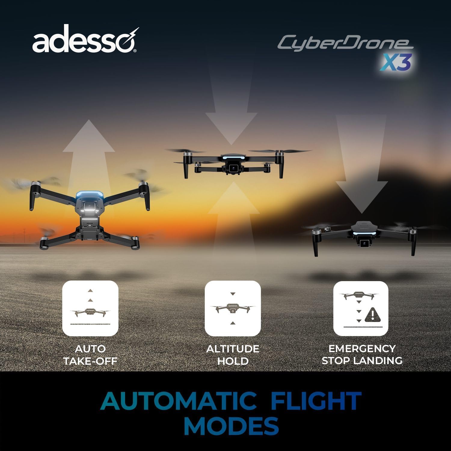Adesso CyberDrone X3 2K FPV Camera Drone GPS WiFi 300 Meter Range Dual Control Lightweight Quadcopter with Gimbal and Remote
