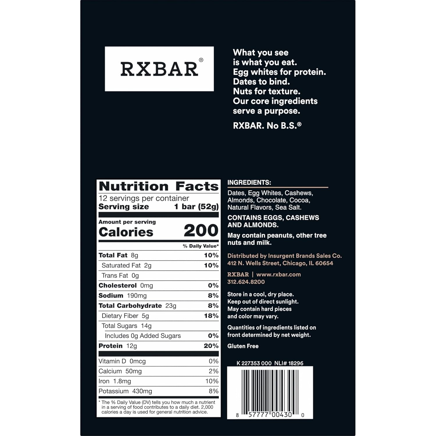 RXBAR Protein Bars, Protein Snack, Snack Bars, Chocolate Sea Salt, 22oz Box (12 Bars) Chocolate Sea Salt 1.83 Ounce (Pack of