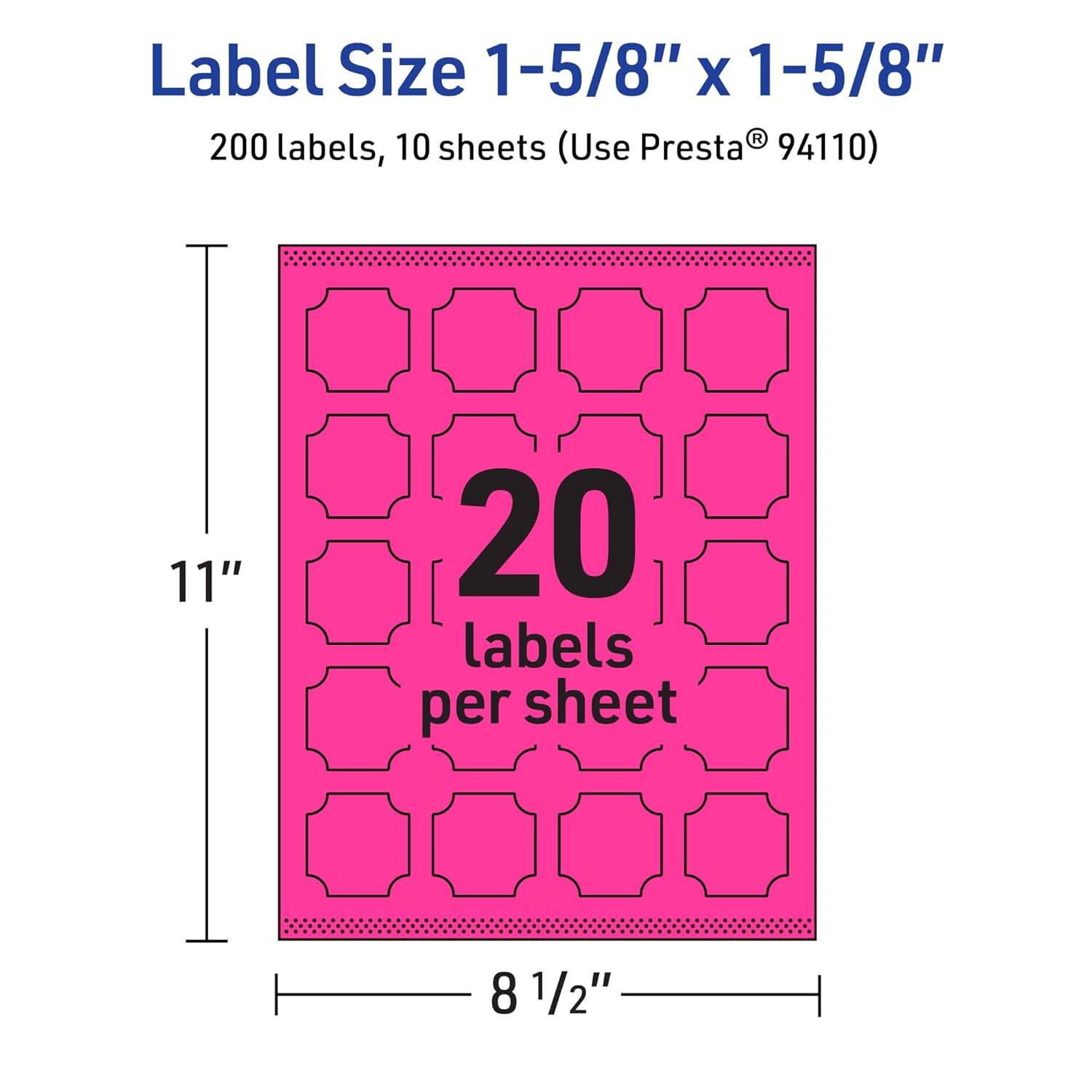AVERY Printable Square Scalloped Labels, Sure Feed Technology, 1-5/8" x 1-5/8", Neon Magenta, Print-to-The-Edge