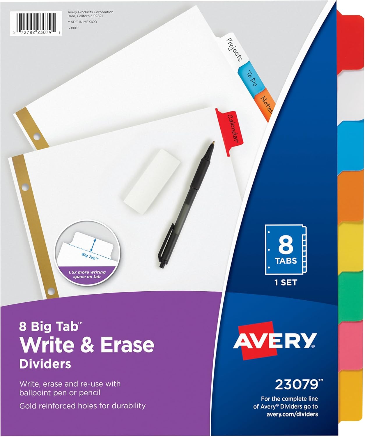 Avery Big Tab Write & Erase Dividers for 3 Ring Binders, 8-Tab Set, Multicolor Divider Tabs, 1 Set of Binder Dividers