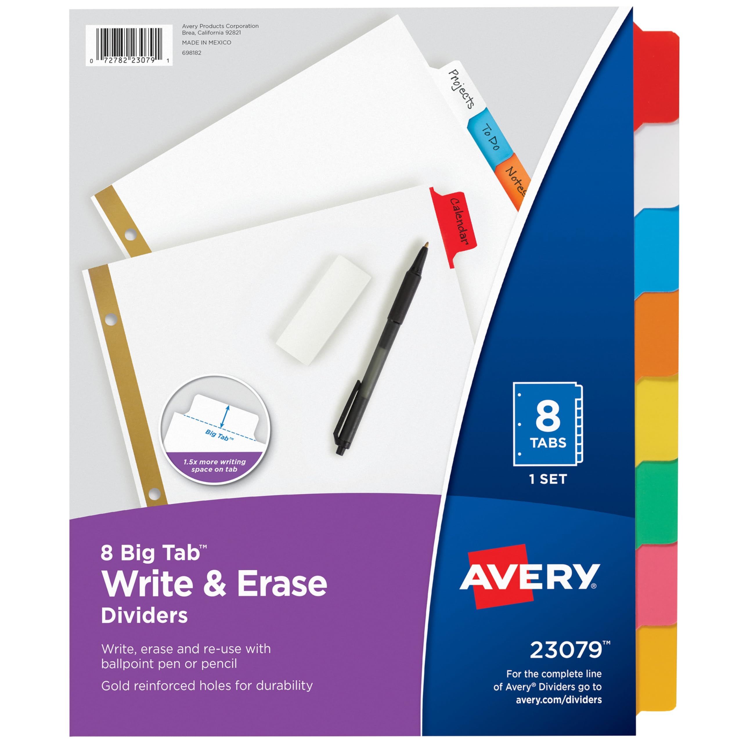 Avery Big Tab Write & Erase Dividers for 3 Ring Binders, 8-Tab Set, Multicolor Divider Tabs, 1 Set of Binder Dividers
