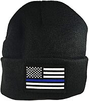 Thin Blue Line Flag Winter Hat Black Police Knit Cap USA Made