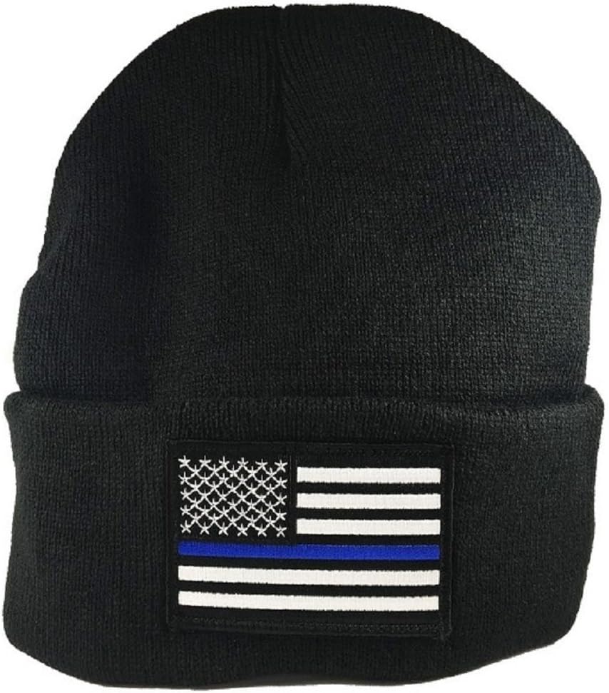 Thin Blue Line Flag Winter Hat Black Police Knit Cap USA Made