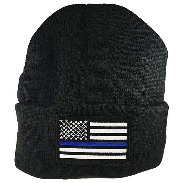 Thin Blue Line Flag Winter Hat Black Police Knit Cap USA Made