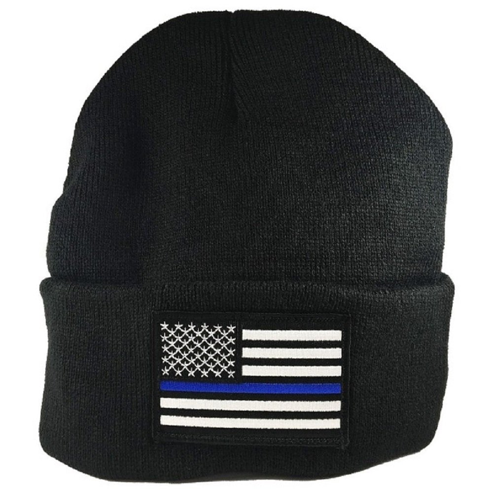 Thin Blue Line Flag Winter Hat Black Police Knit Cap USA Made