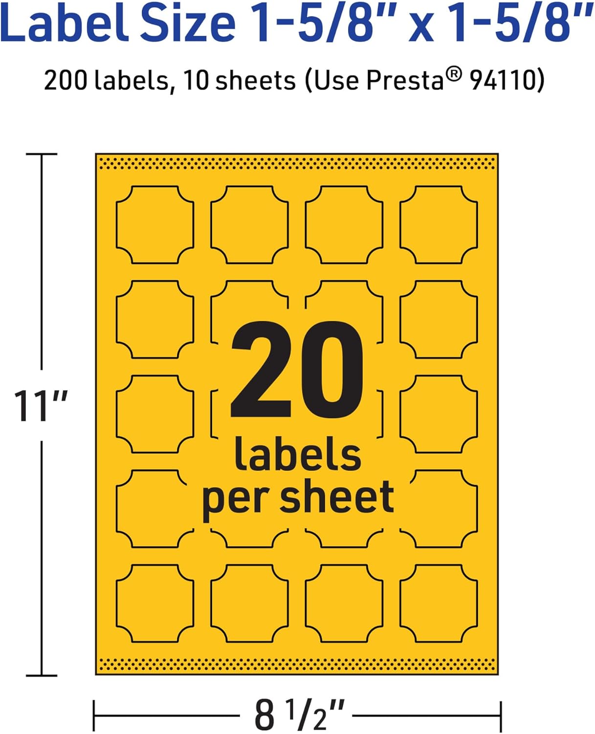 AVERY Printable Square Scalloped Labels, Sure Feed Technology, 1-5/8" x 1-5/8", Bright Yellow