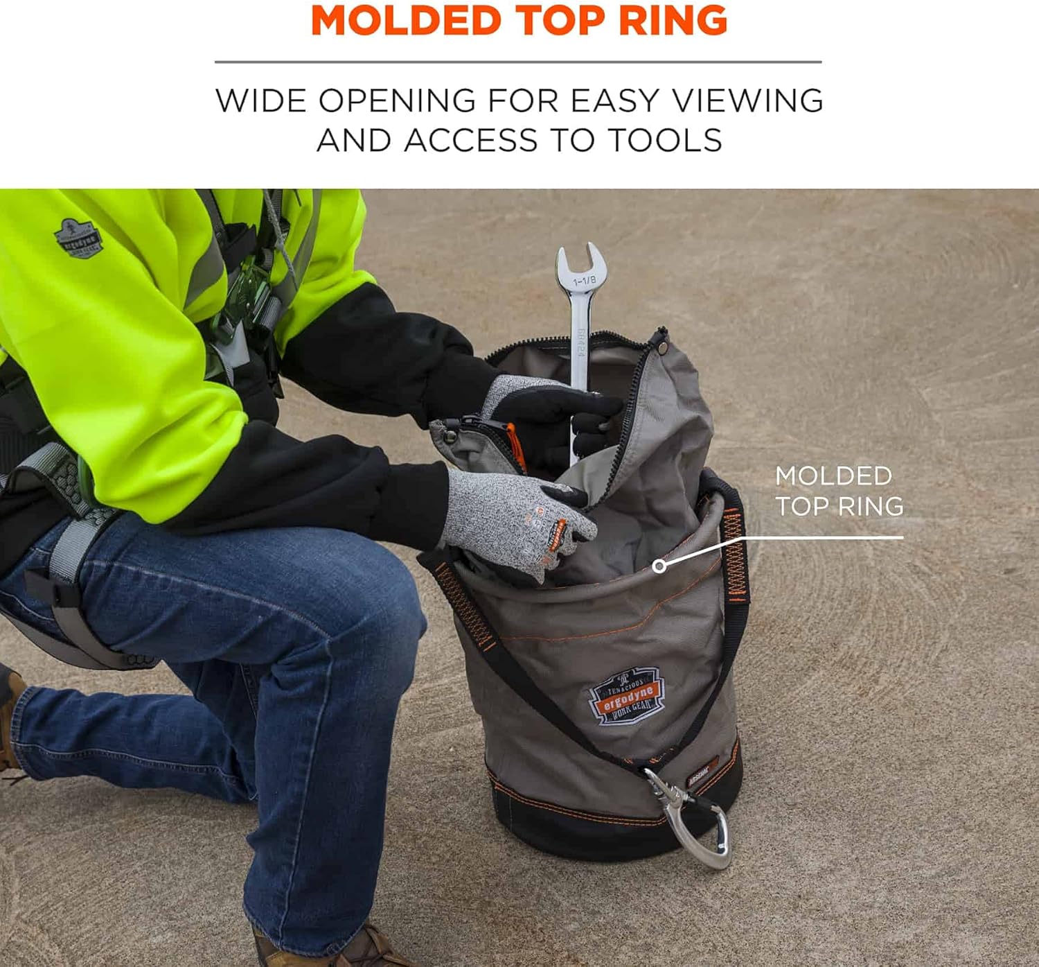 Ergodyne Arsenal 5976 XL Nylon Hoist Bucket Tool Bag - Swiveling Carabiner, Zipper Top