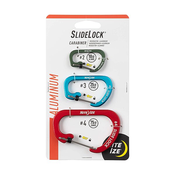 Nite Ize Slidelock Aluminum Locking Carabiner - Keychain Carabiner with Locking Gate - Carabiner Clip for Keys, Camping Accessories, & More - Assorted Sizes, Assorted Colors (3 Pack) Aluminum Assorted