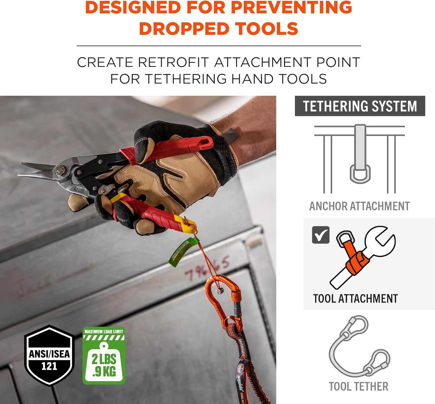 Wire Tool Attachment Tail with Loop End, Tool Weight Capacity 2lbs, 6-Pack, Ergodyne Squids 3704 , Orange